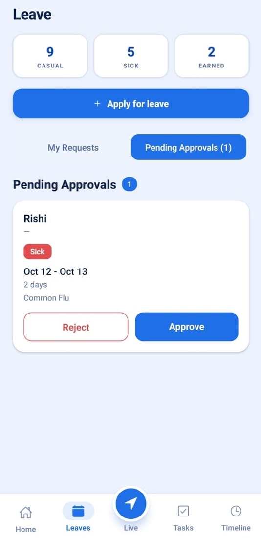 GeoWave phone app showing a manager's pending leave approvals with Approve and Reject buttons
