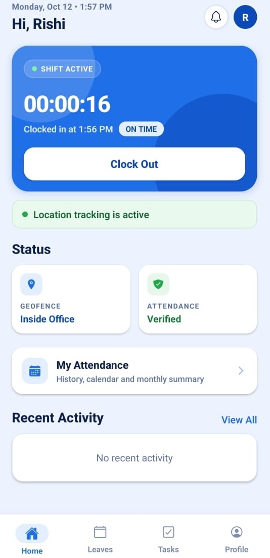 GeoWave phone app home screen with an active shift timer, Clock Out button, location tracking on, and geofence and attendance status