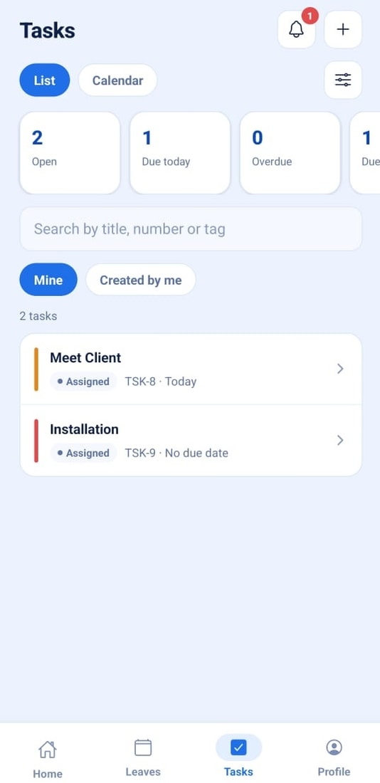 GeoWave phone app task list showing open, due today and overdue tasks