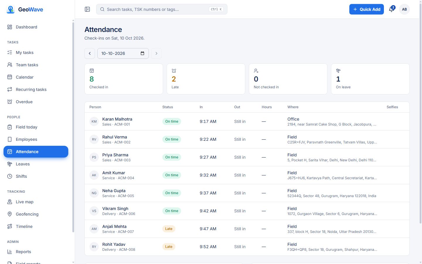 GeoWave attendance register with check-in status, hours, location and selfie for each employee
