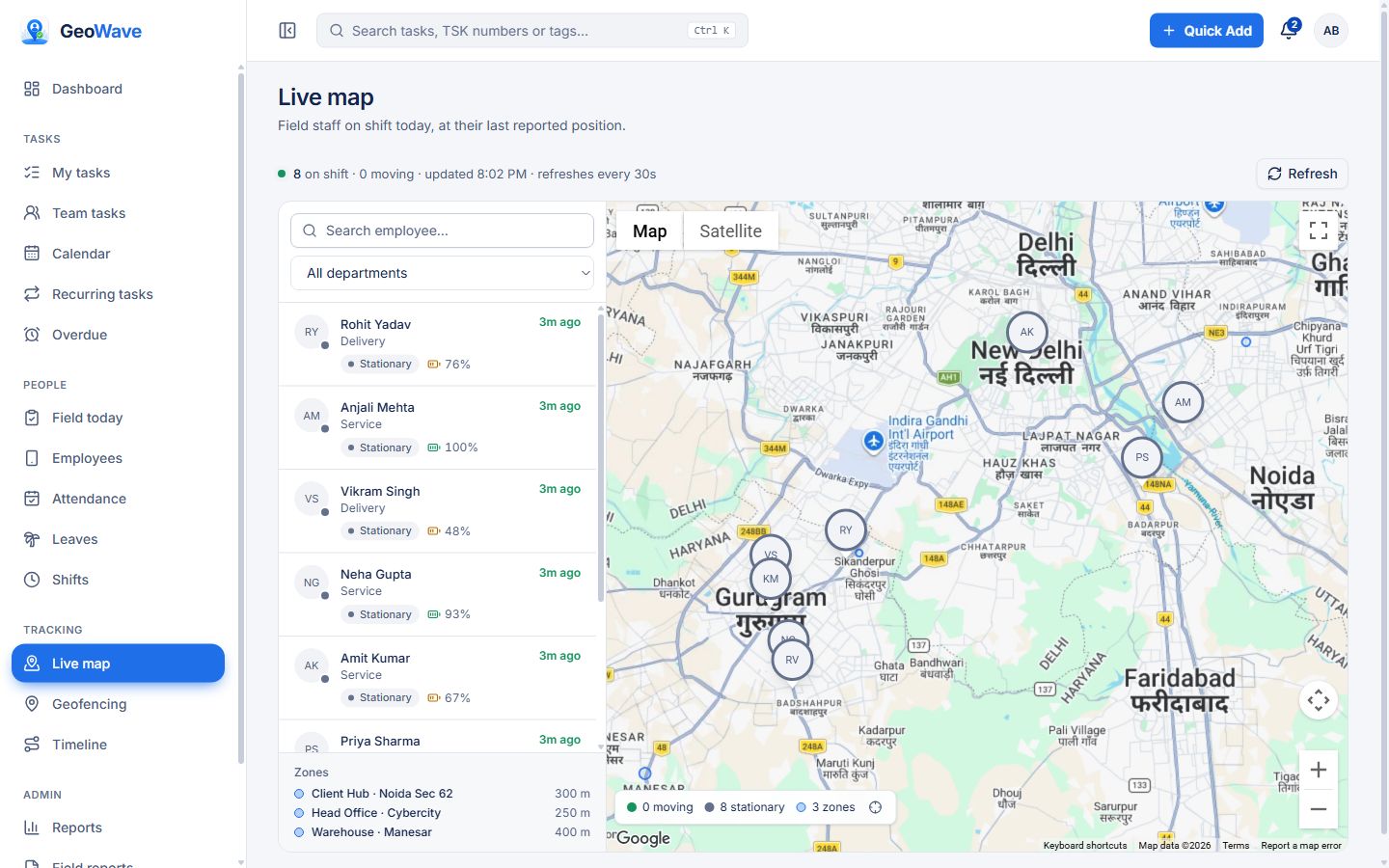 GeoWave live map with each employee on shift at their last reported position and geofenced zones