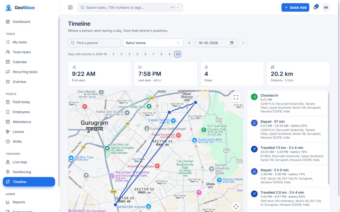 GeoWave day timeline listing an employee's stops and trips with addresses, distance and battery