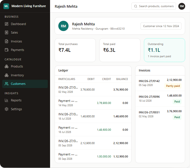 Intelix360 customer profile with a running ledger of debits, credits and closing balance