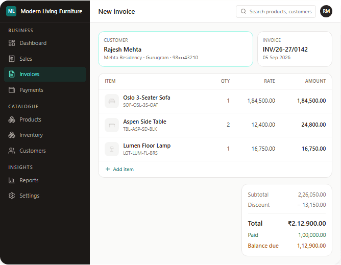 Intelix360 invoice raised against a customer, with line items priced from the catalogue