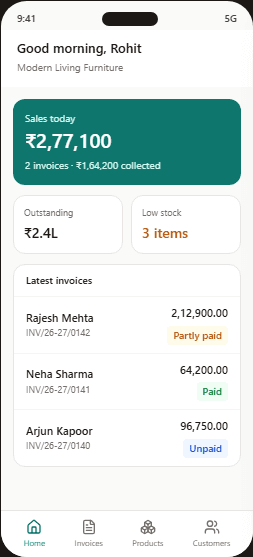 Intelix360 mobile app home screen showing today's sales, outstanding, low stock and latest invoices