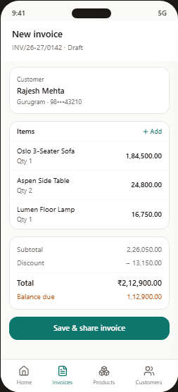 Intelix360 mobile new invoice screen with customer selected and line items added