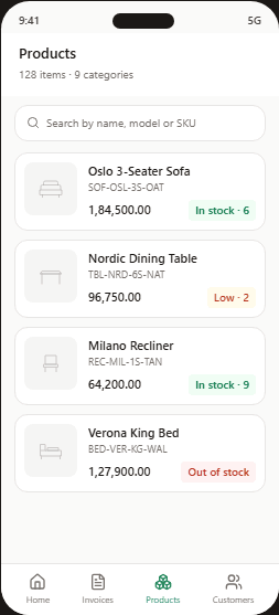 Intelix360 mobile products screen listing furniture items with SKU codes, prices and stock counts