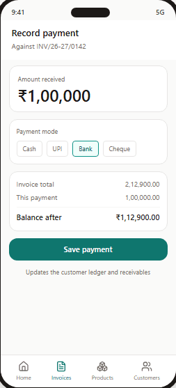 Intelix360 mobile record payment screen showing amount received, payment mode and resulting balance