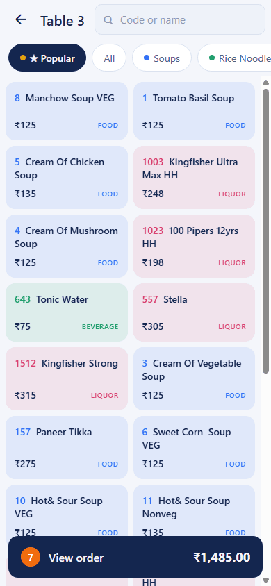 IntelixServe waiter app menu for a table, popular dishes first, colour-coded as food, beverage or liquor, with dish codes