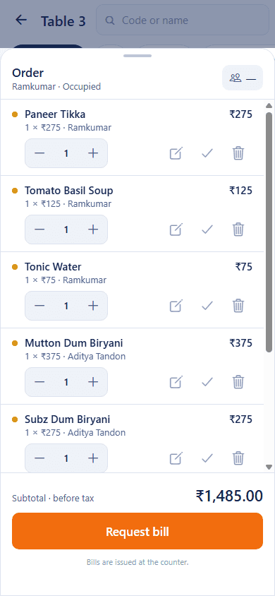 IntelixServe waiter app order sheet for a table with quantities per line, a live subtotal and a Request bill button