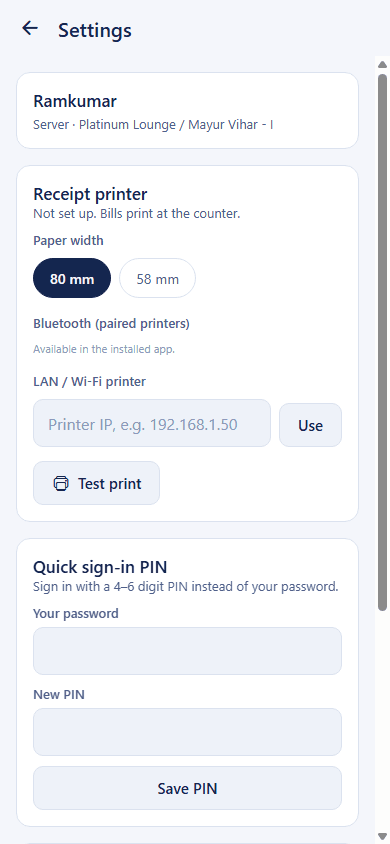 IntelixServe waiter app settings showing receipt printer setup with 80 mm or 58 mm paper, Bluetooth or LAN printer and a quick sign-in PIN