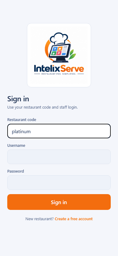 IntelixServe waiter app sign-in screen asking for restaurant code, username and password